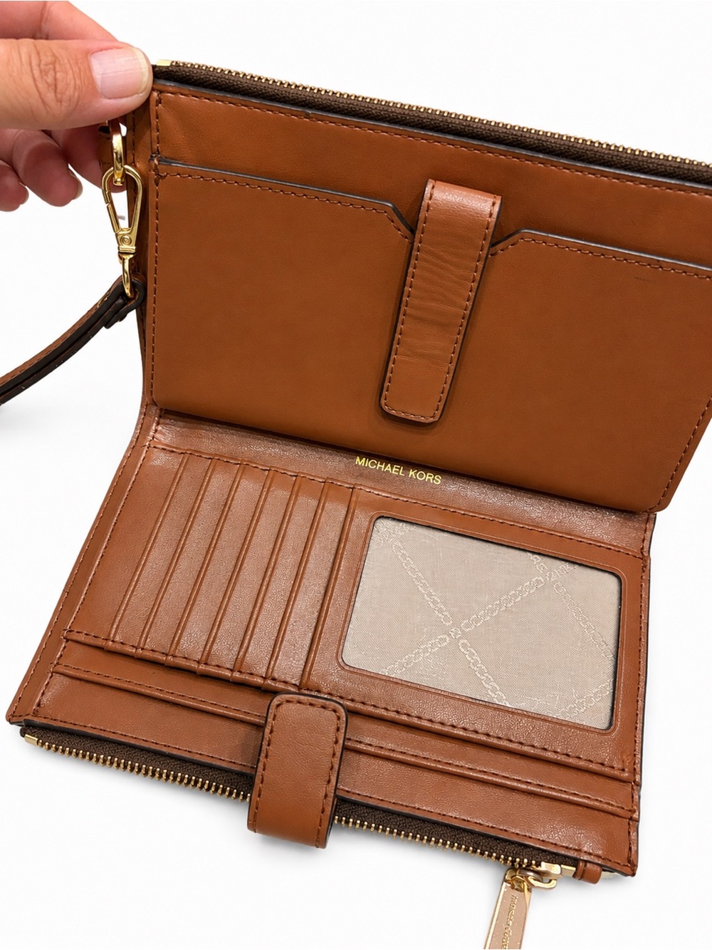 MICHAEL KORS Jet Set Large Signature Logo Stripe Smartphone Wallet | Brown - Picture 8 of 16